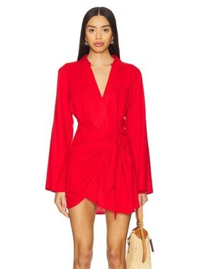 L'Academie Red Long-Sleeve V-Neck Tie-Waist Dress